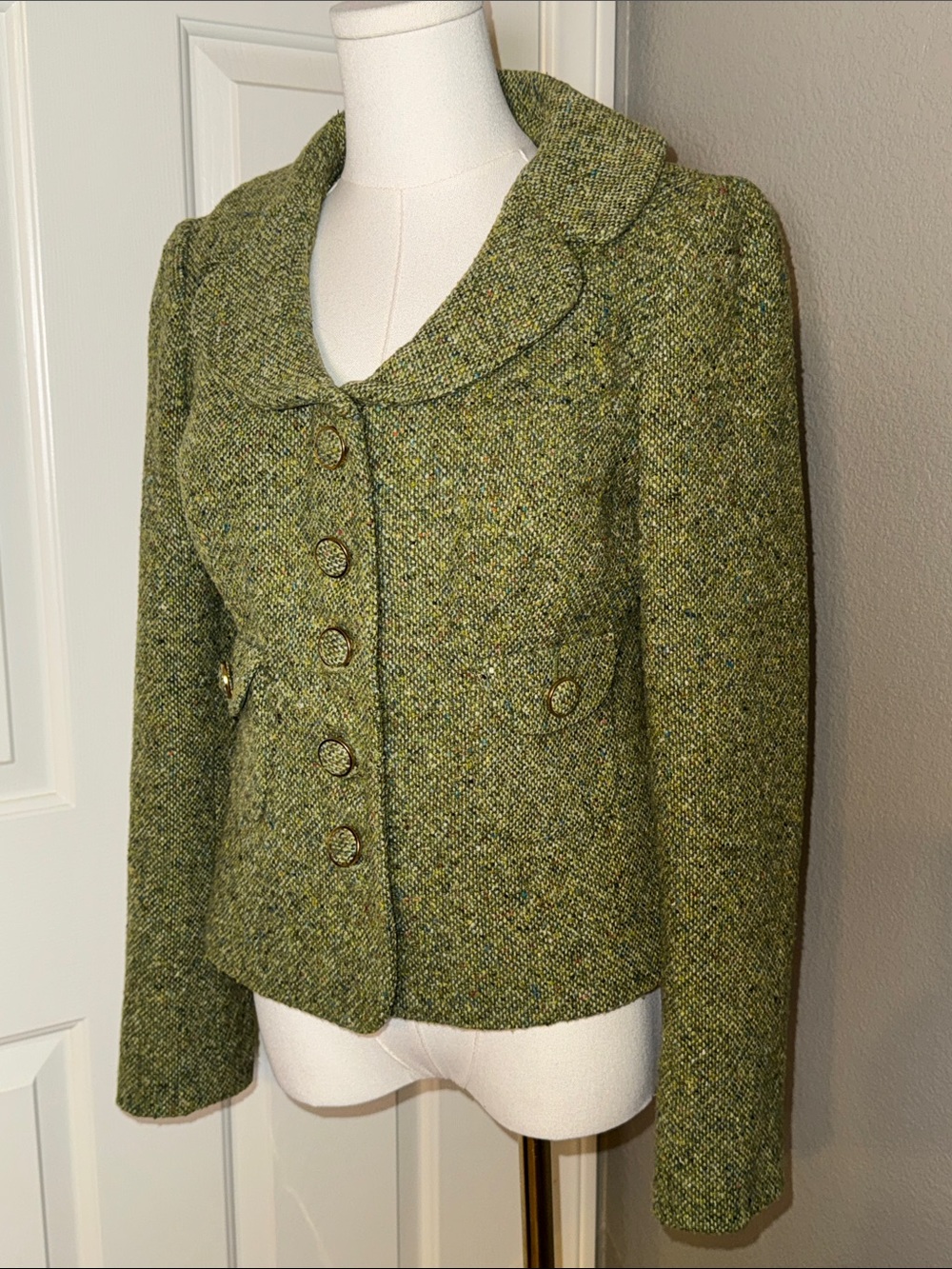 LOFT Olive Green Tweed Rounded-Collar Blazer